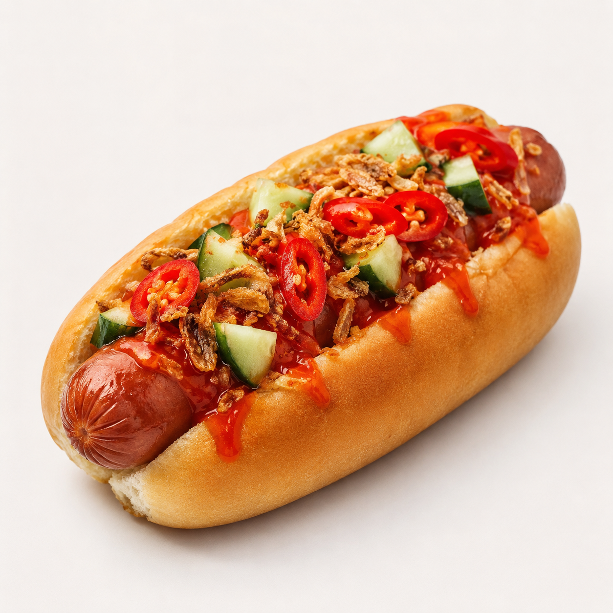 Fire Bang Dog spicy hot dog with shallots and chili