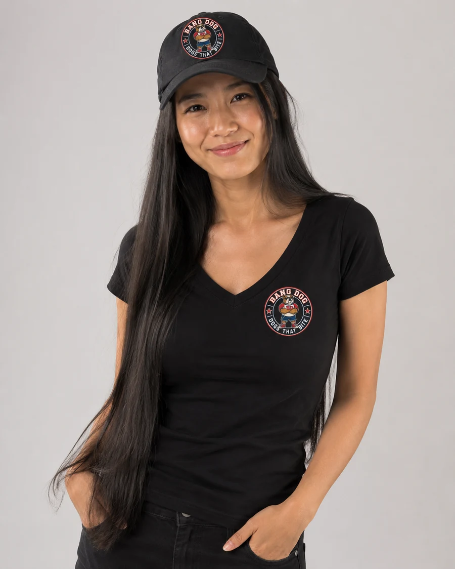 Bang Dog black low-profile cap worn by a model