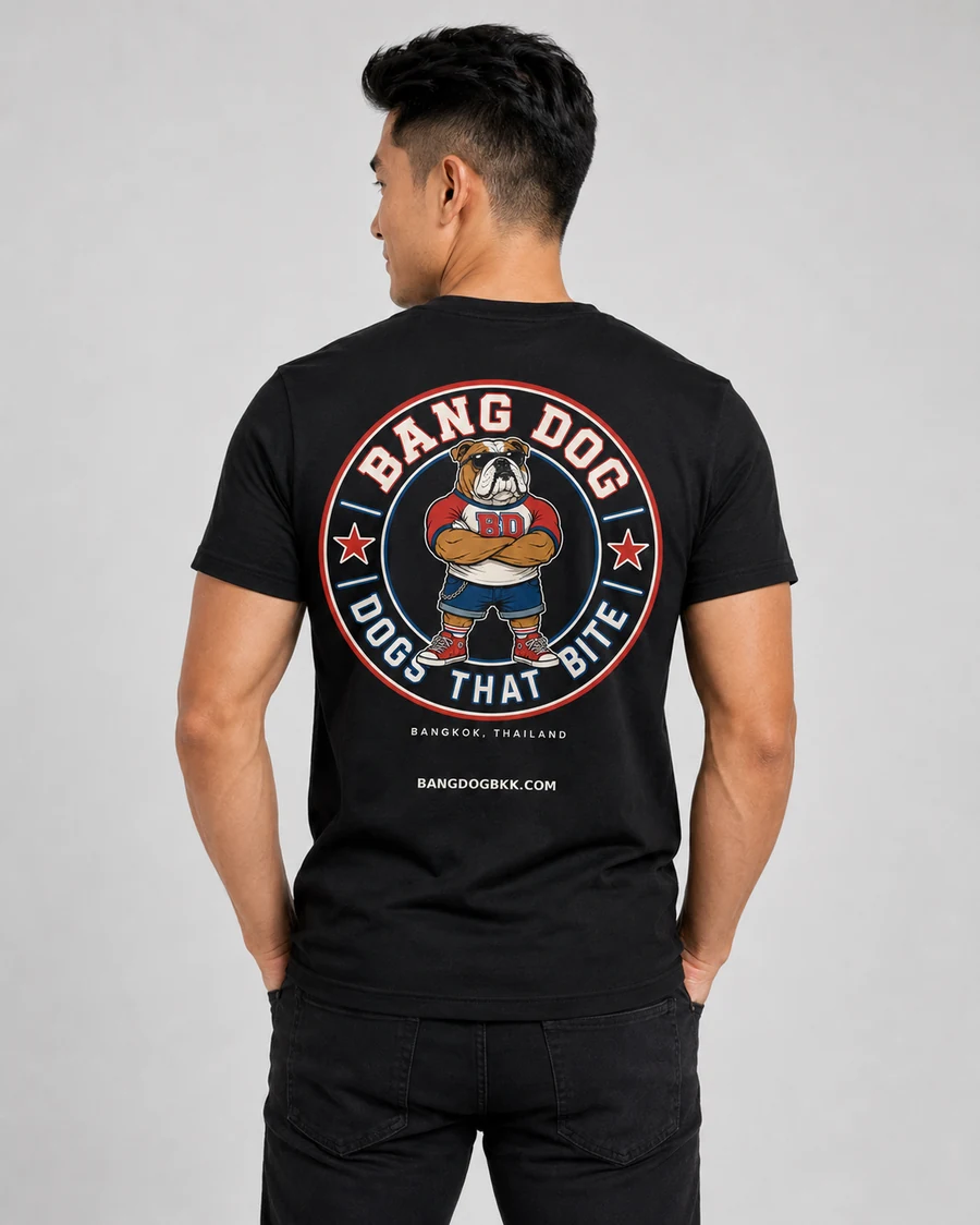 Black crew-neck Bang Dog T-shirt back view