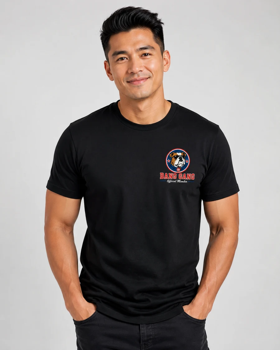 Black crew-neck Bang Dog T-shirt front view
