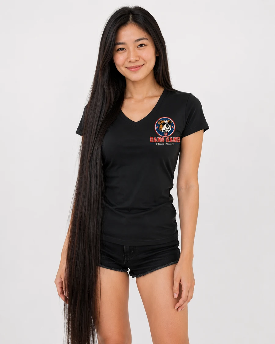 Black ladies V-neck Bang Dog shirt front view