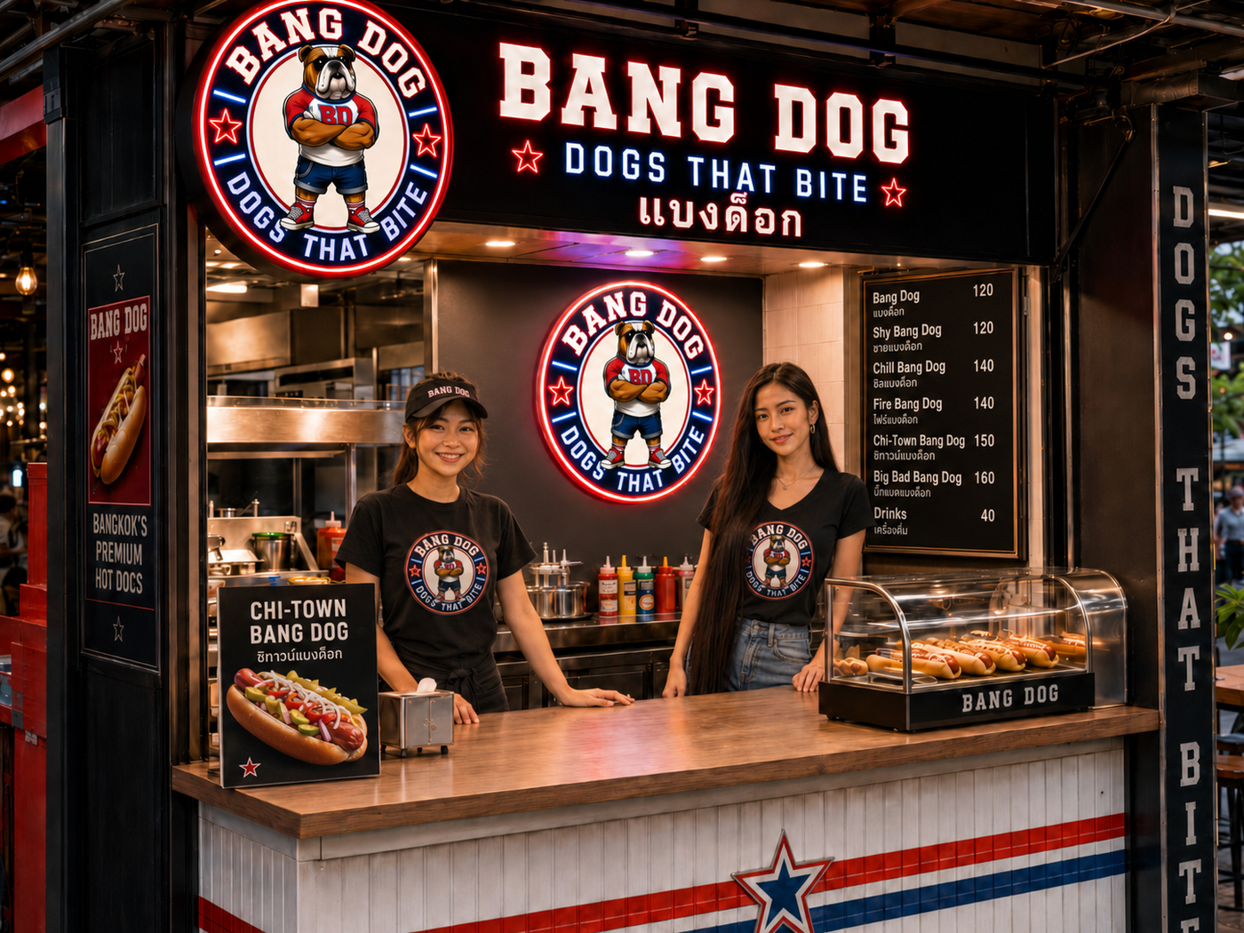 Bang Dog hot dog stand with staff uniforms, neon bulldog sign, and branded counter